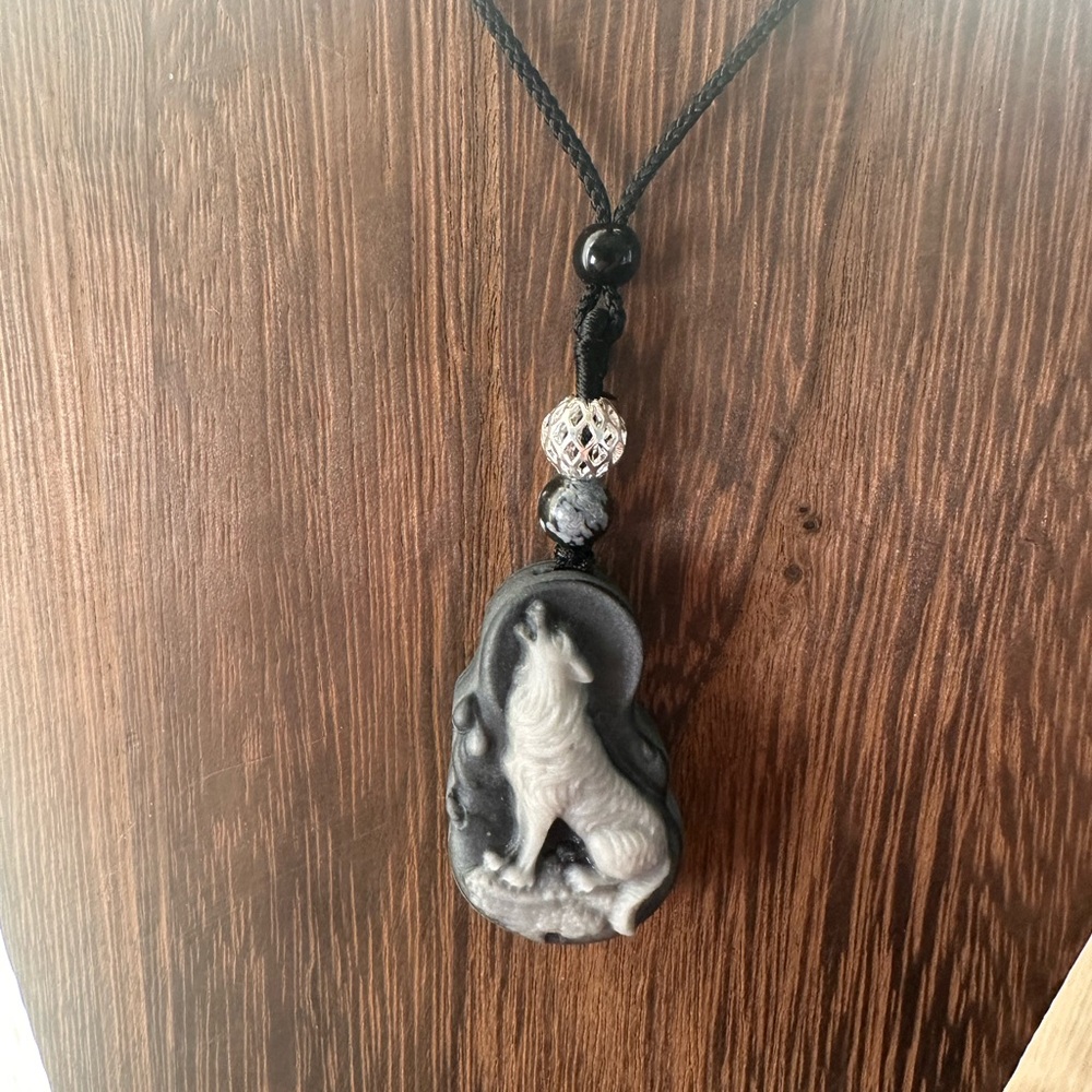 Handcrafted Tai Chi Stone Wolf Pendant Necklace on Black Adjustable Rope